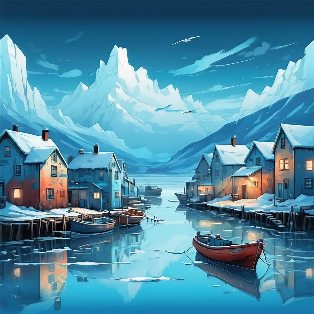 Magisk Vinterlandskab med Både og Farverige Huse plakat