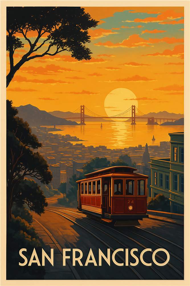 Solnedgang og Kabelvogne i San Francisco plakat