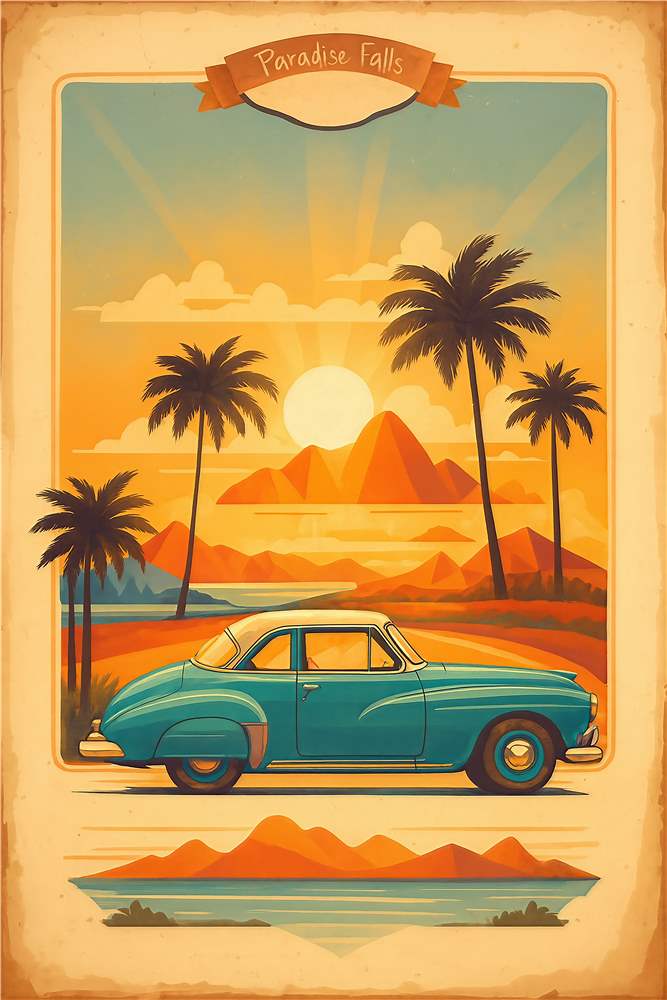 Vintage Bil i Tropisk Solnedgang plakat