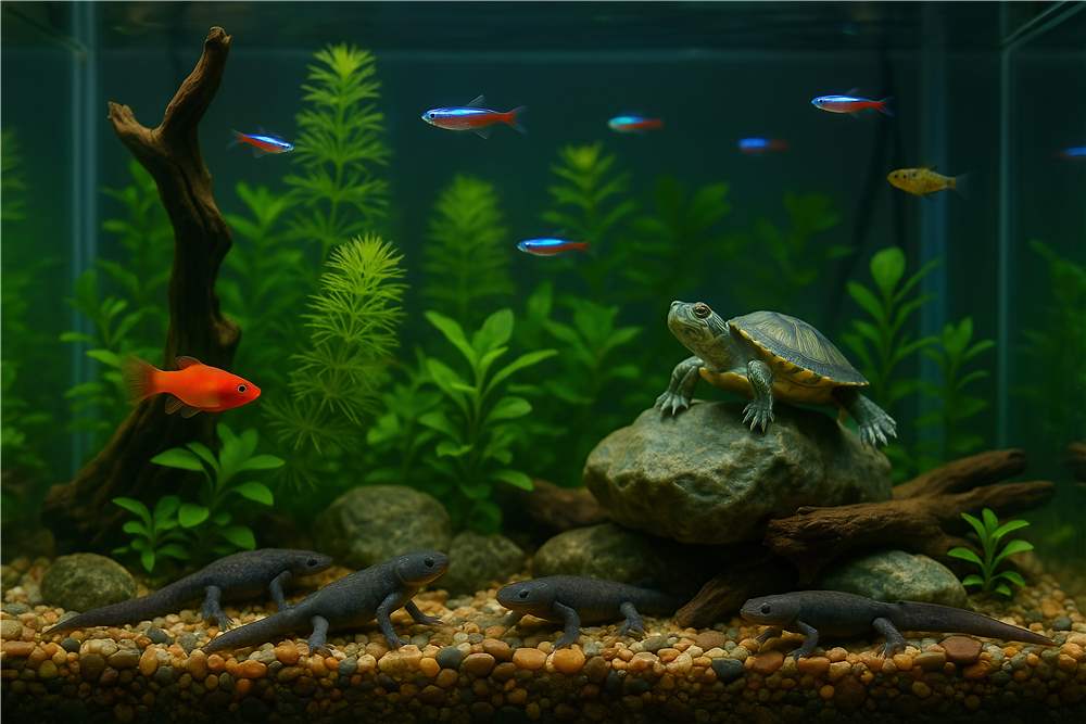 Livligt akvarium med skildpadde og farverige fisk plakat