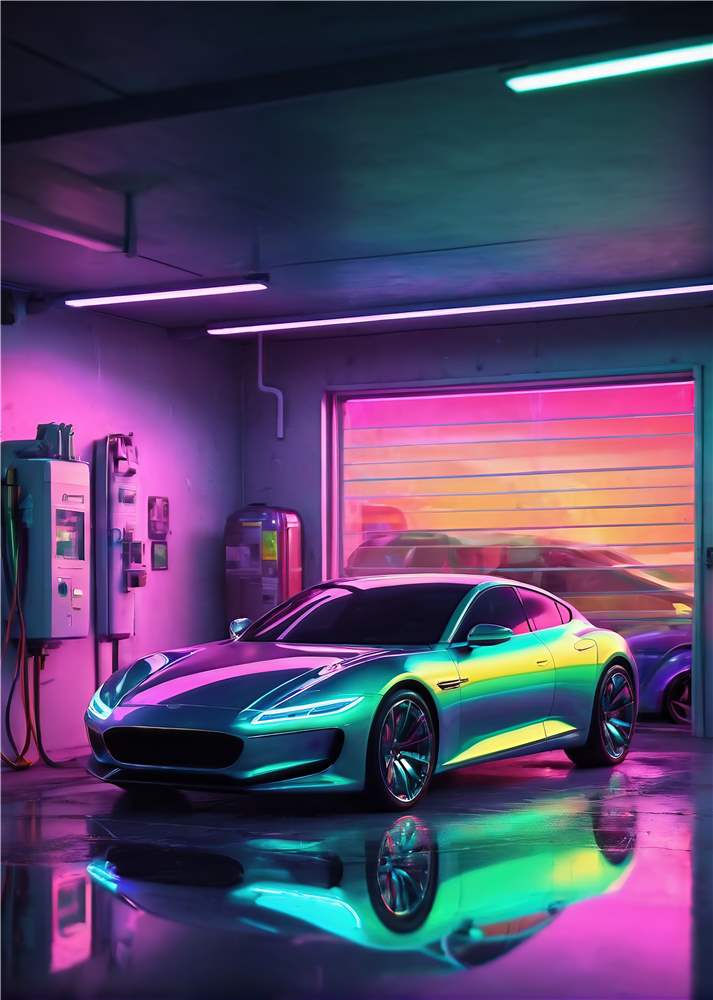 Neonlagt futuristisk sportsvogn i garage plakat