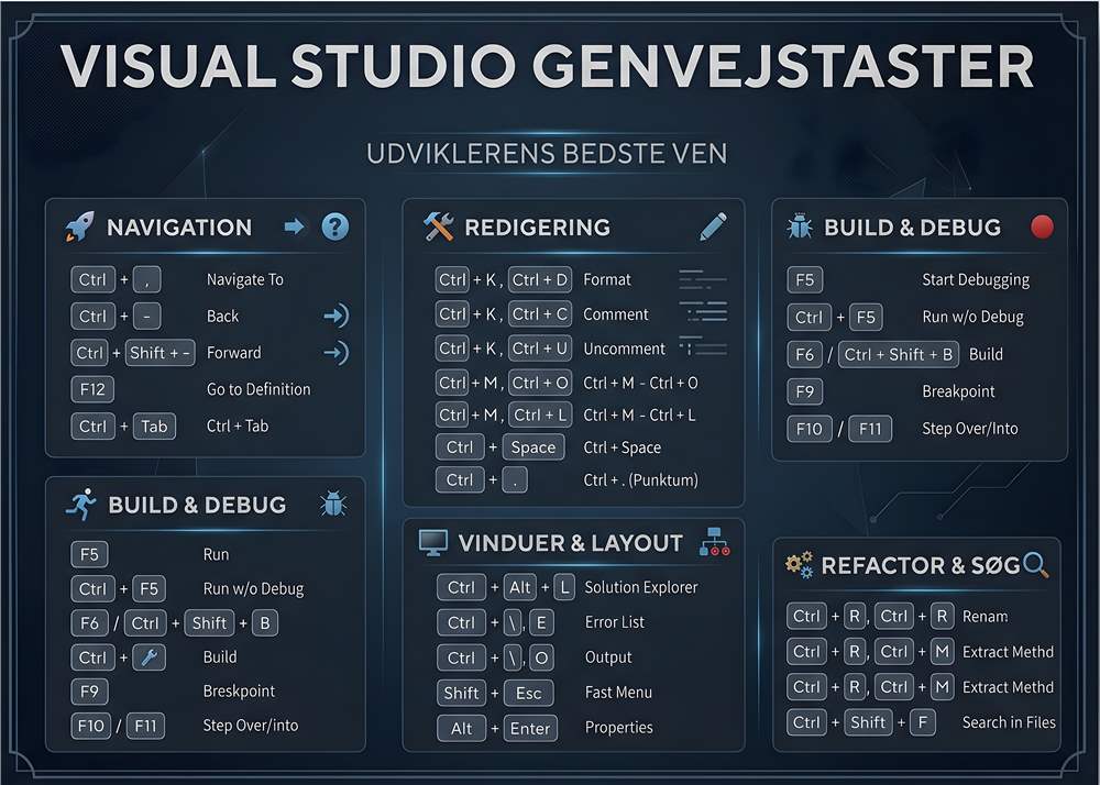 Visual Studio genvejstaster – tastaturgenveje til udvikling plakat