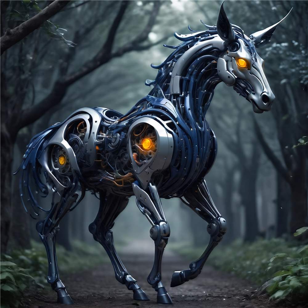 Futuristisk Robot Hest i Magisk Skov plakat