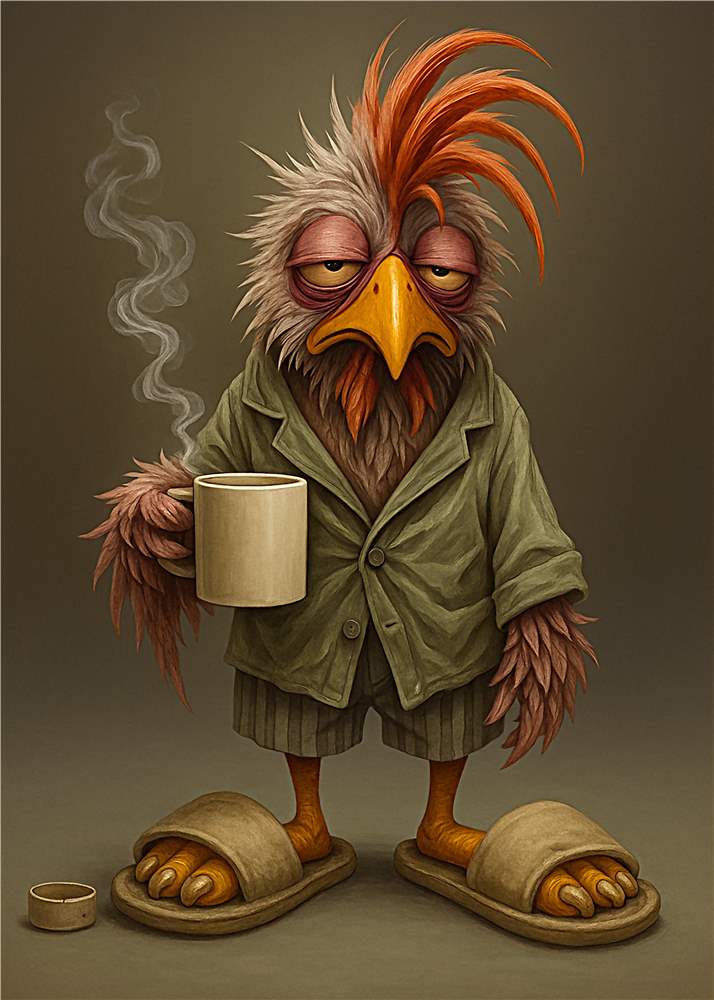 Søvnig fugl med morgenkaffe plakat