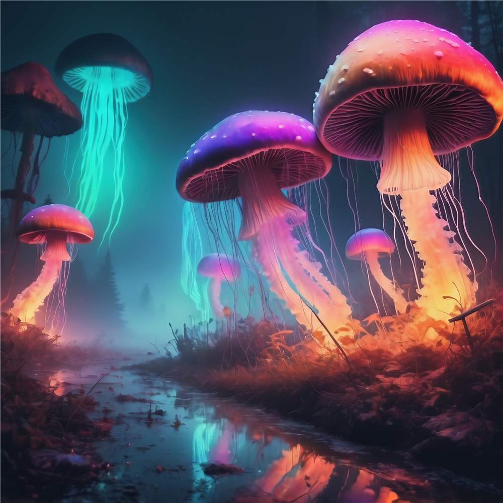 Magiske bioluminescerende svampe i skoven plakat