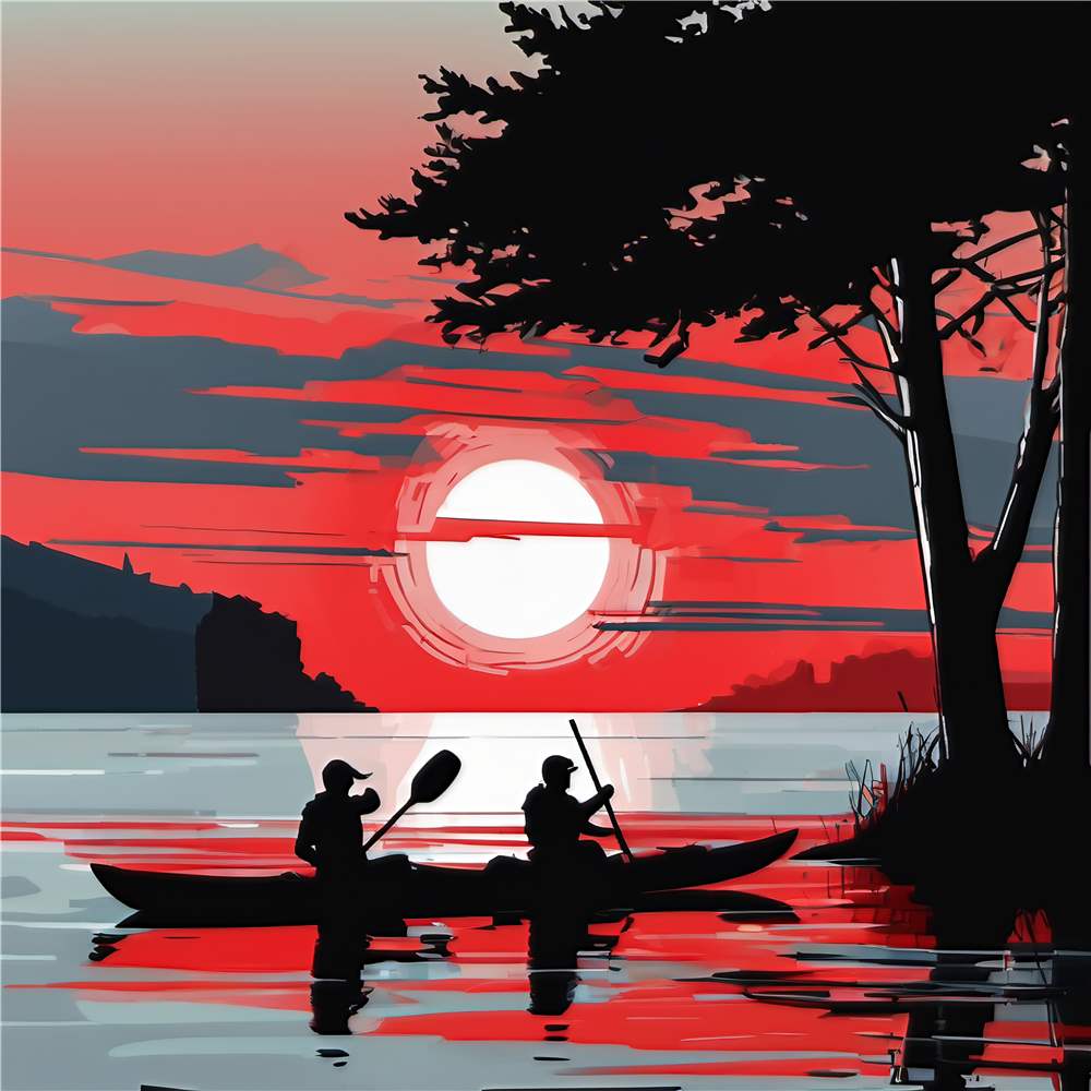 Dramatisk rød solnedgang med kajakroere plakat
