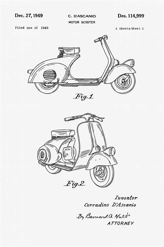Vintage Scooter Patenttegning fra 1969 plakat