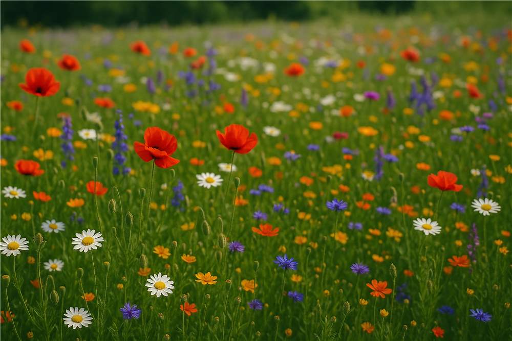 Livlig blomstereng i farverig flor plakat