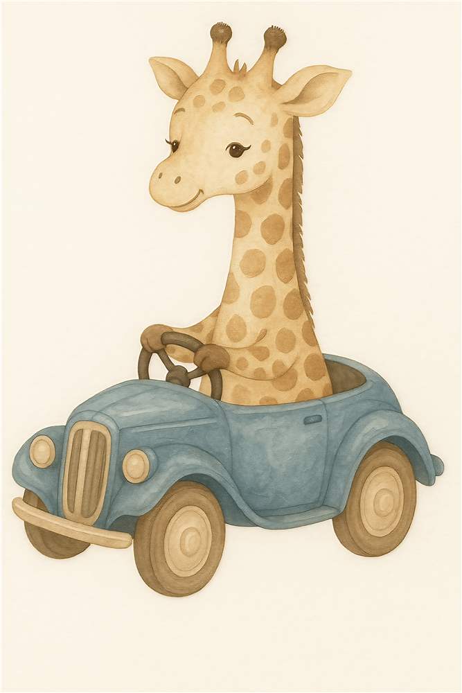 Giraffen der kører i blå bil plakat