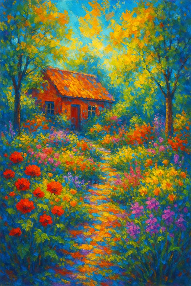 Farverig Hytte i Blomsterparadis plakat