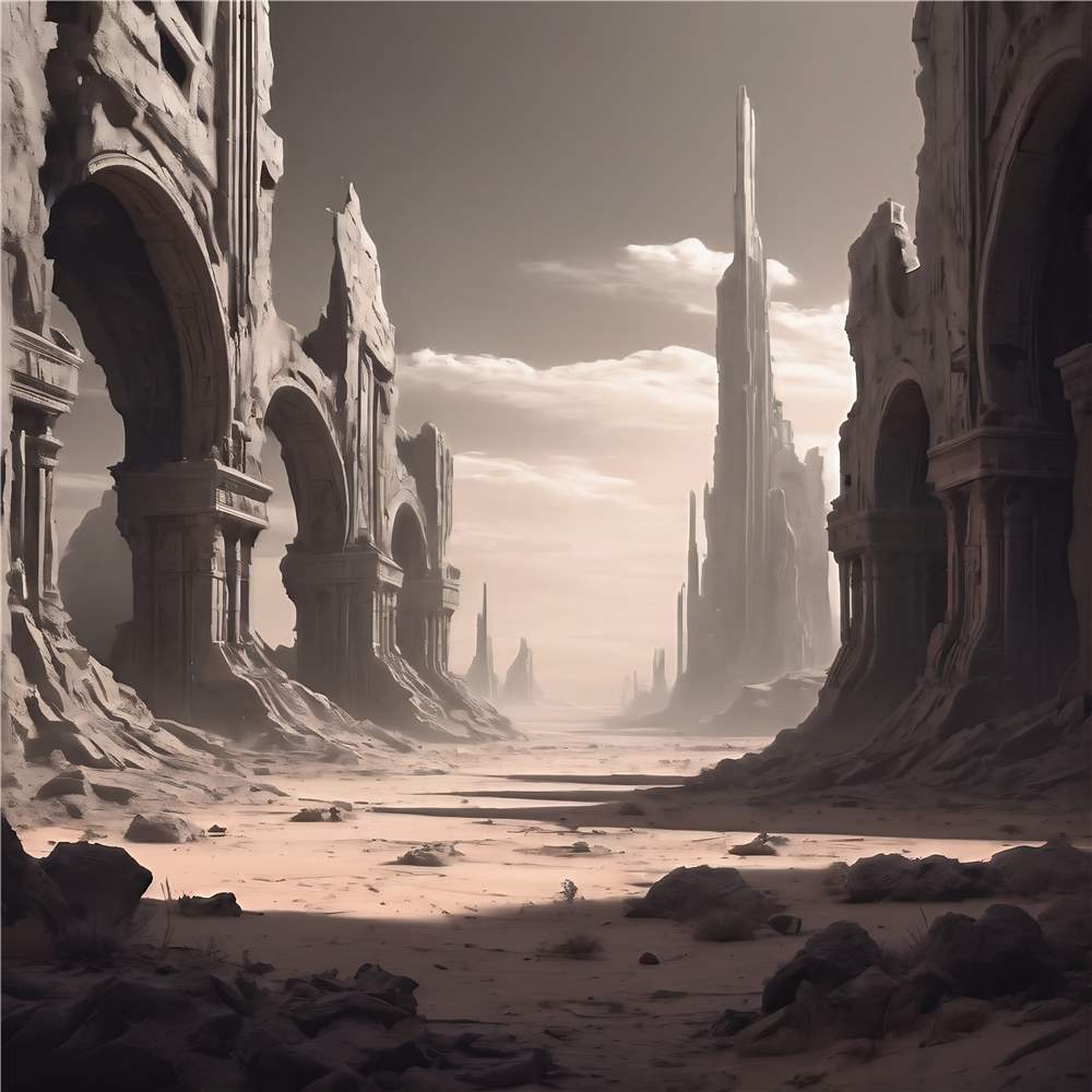 Post-apokalyptiske Ruiner under Dyster Himmel plakat