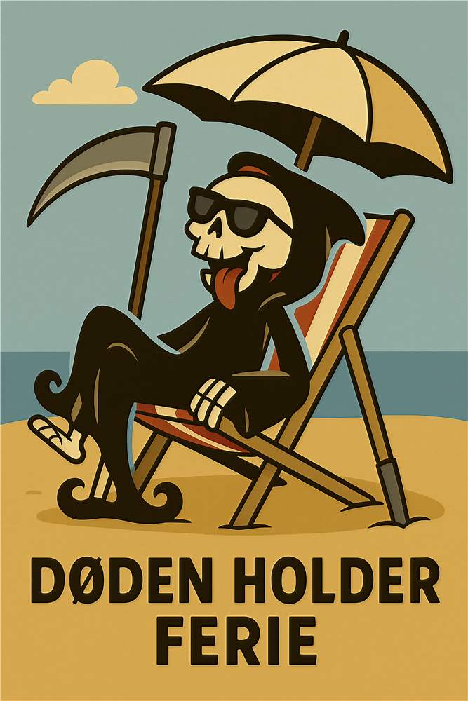 Dødens Strandferie – En humoristisk illustration plakat