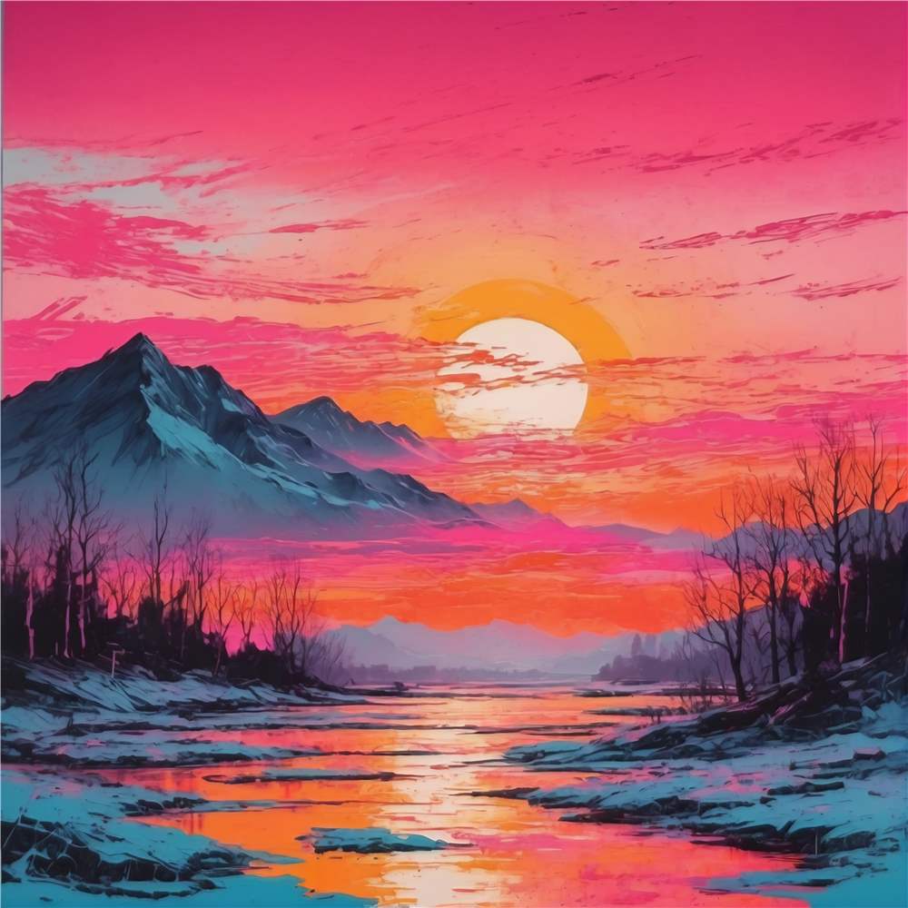 Dramatisk Solnedgang i Bjerglandskab plakat