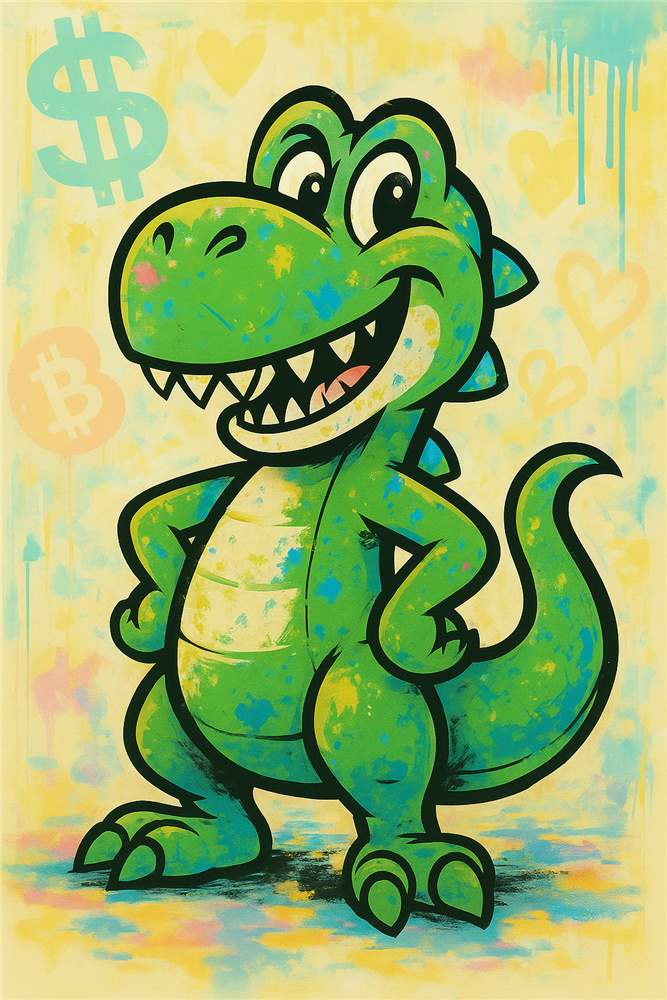 Glad Dinosaur med Farver og Livlig Baggrund plakat