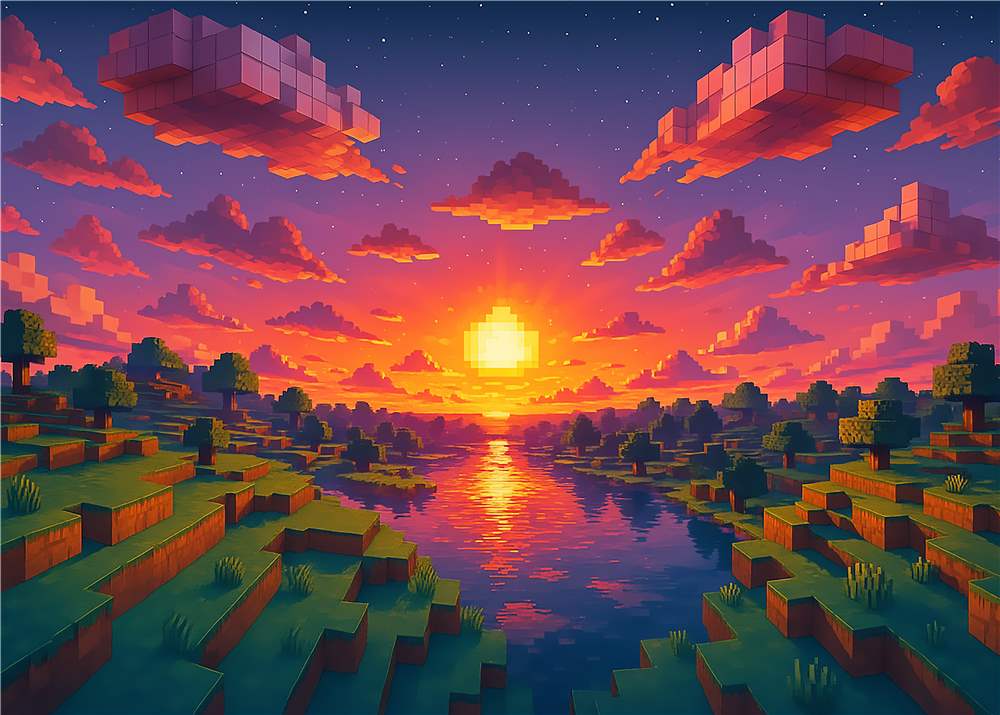 Magisk solnedgang i pixelverden plakat
