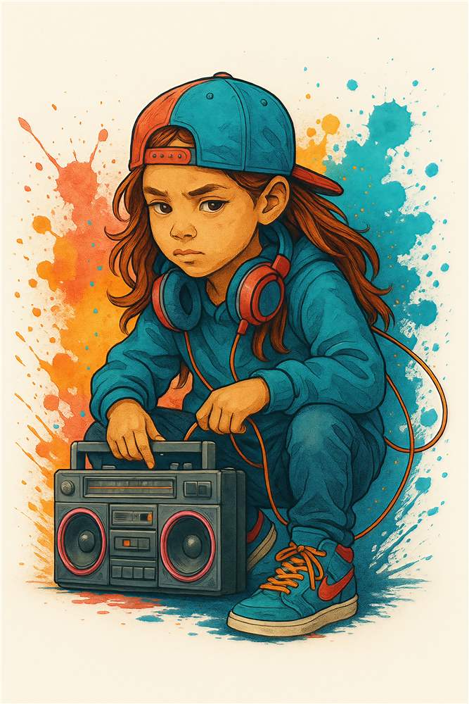 Cool ung pige med boombox i farverig stil plakat