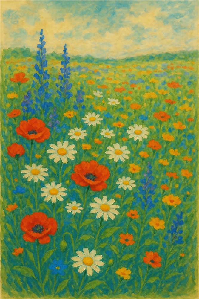 Livligt blomsterdrøm med valmuer og margueritter plakat