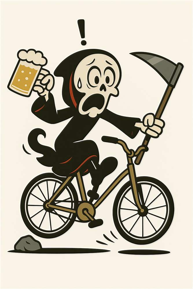 Skelet på Cykel med Øl – Humoristisk Kunst plakat
