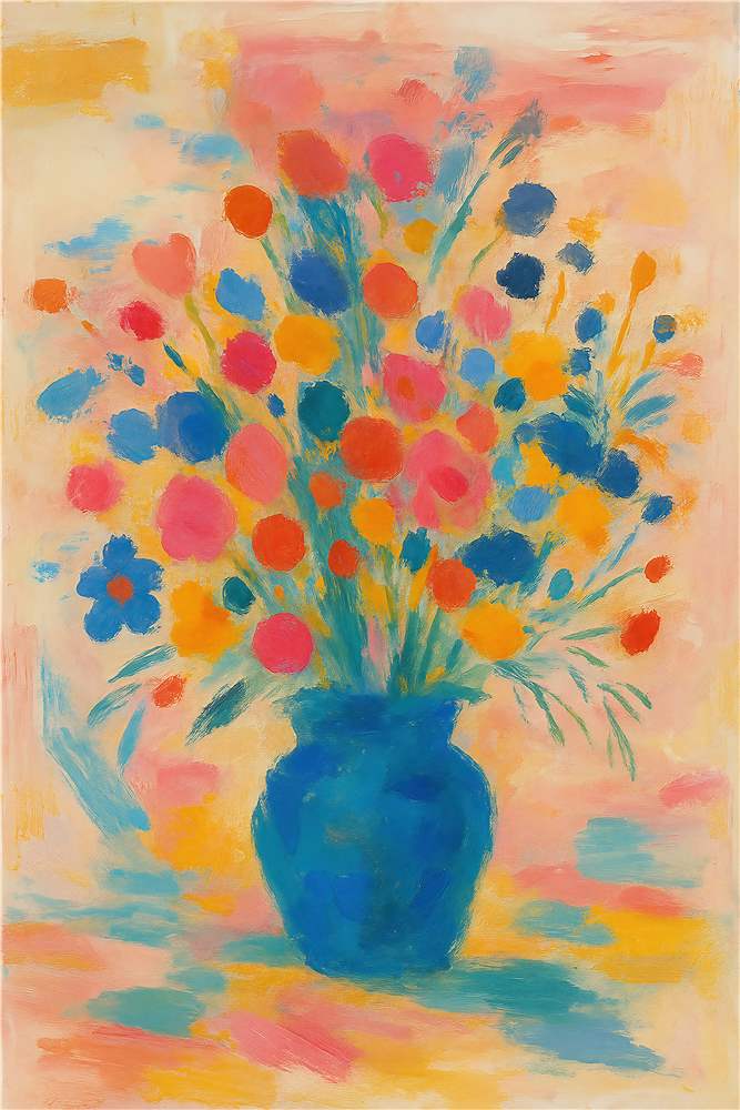 Livlig Blomsterbuket i Blå Vase plakat