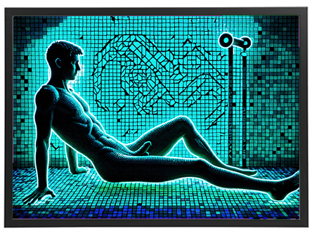 En stiliseret mandlig figur sidder i en farverig mosaikbaggrund med neonlignende effekter.