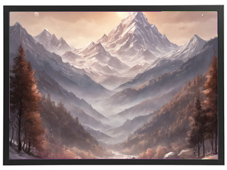 Et malerisk bjerglandskab med sneklædte toppe og frodige dale, oplyst af morgenens lys.