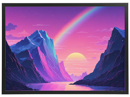 Et farverigt og surrealistisk landskab med bjerge, en sø og en regnbue i skumringen.