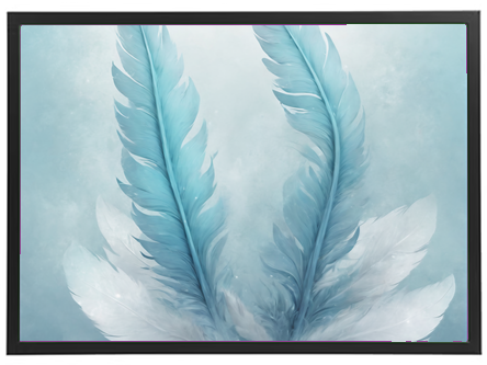 Et kunstnerisk billede af to store, bløde fjer i nuancer af blå og hvid på en lys baggrund.