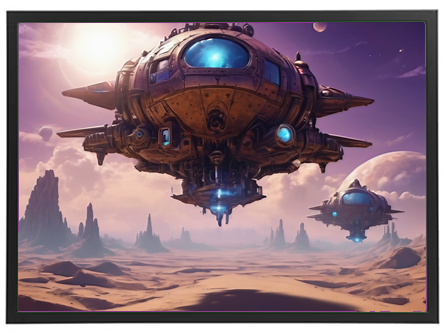 To imponerende rumskibe svæver over et ørkenlandskab med klipper og fjerne planeter.