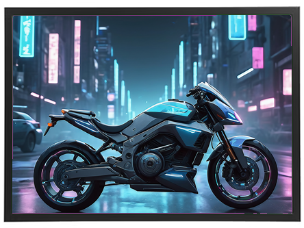 En moderne motorcykel præsenteret i et futuristisk bymiljø med neonlys.