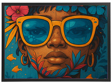 Et detaljeret portræt af en person med store solbriller, blomster og farverige planter.