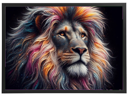 Et kunstnerisk billede af en løve med en farverig og detaljeret manke.