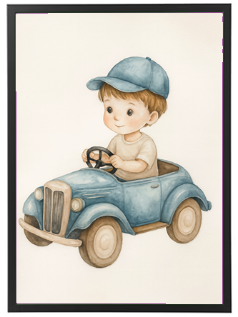 Et sødt billede af en dreng, der kører i en lille blå bil, iført en blå kasket.