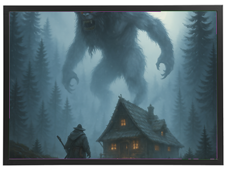 En stor, truende skabning står overfor en ensom rejsende ved en hytte i en tåget skov.