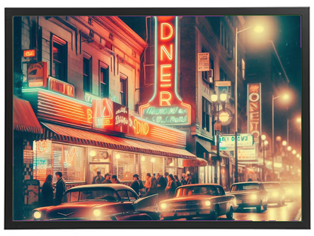Et livligt gadebillede med en vintage diner oplyst af neonskilt, biler og mennesker.