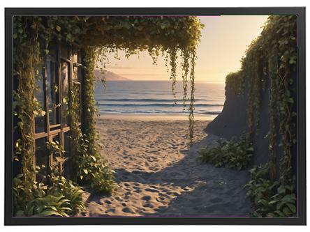 En smuk udsigt til en strand med bølger og solnedgang, indrammet af grønne planter.