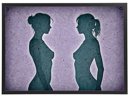 Et kunstnerisk billede af to silhuetter af kvinder, der står side om side på en farvet baggrund.