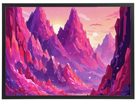 En farverig og dramatisk udsigt over bjerge med nuancer af pink og lilla under en solopgang.