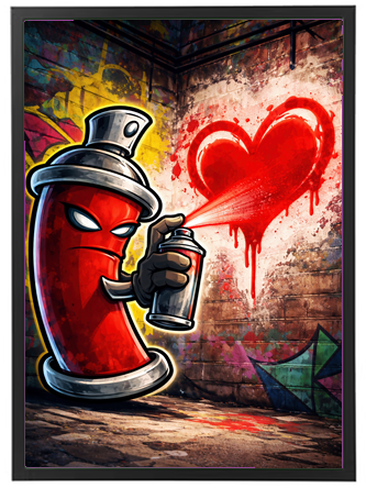 En tegneserieagtig spraydåse maler et hjerte på en væg med graffiti.