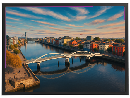 Et panorama af en flod med en moderne bro og farverige bygninger langs bredden.