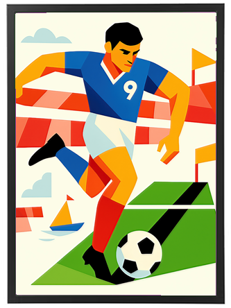 En stiliseret illustration af en fodboldspiller i blåt tøj, der sparker til en bold.