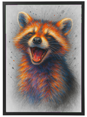 Et kunstnerisk billede af en vaskebjørn, der griner med en livlig farvepalet.