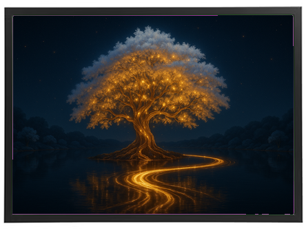 Et storslået træ med glødende grene, der reflekteres i vandet under en stjerneklar nat.