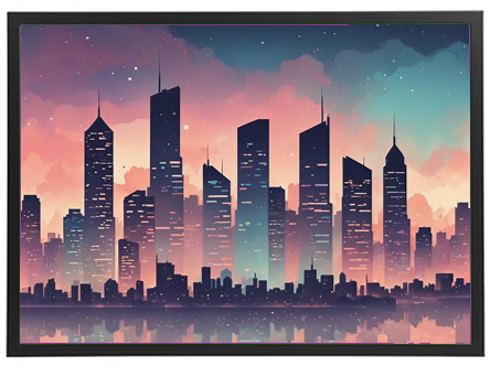 En farverig illustration af en bysilhuet med høje bygninger under en skumringshimmel.