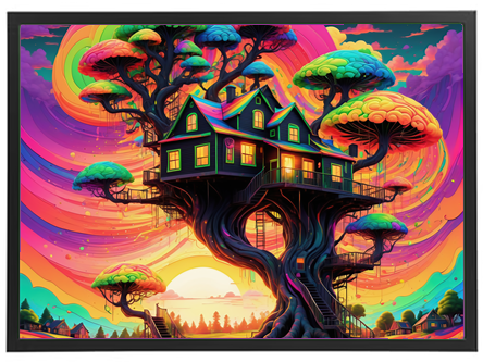 Et surrealistisk træhus omgivet af farverige, svampelignende træer og en strålende solnedgang.