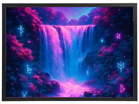 En betagende scene med et vandfald omgivet af lyse, neonfarvede effekter og mystiske symboler.