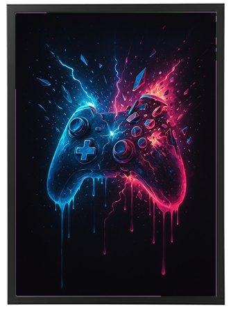 Et kunstnerisk billede af en spilkonsol med blå og pink energistråler og dråber.