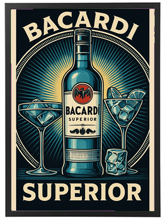 En vintage stil reklame for Bacardi Superior rum med cocktailglas og isterninger.