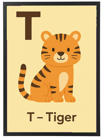 Et farverigt billede af en sød tiger med bogstavet T, der introducerer børn til alfabetet.