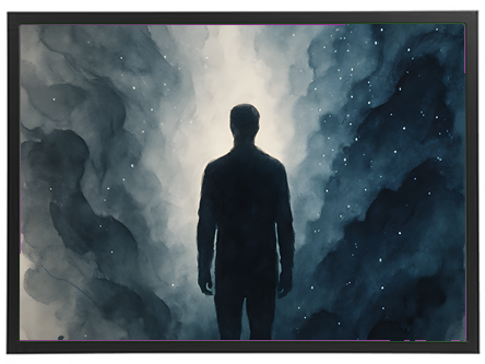 En silhuet af en person står foran en stjernehimmel, omgivet af tåge og mystik.