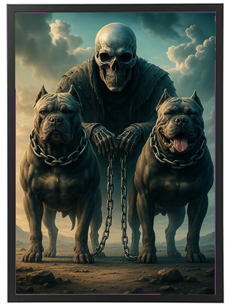 Et dramatisk billede af en skeletfigur med to muskuløse hunde, der står i et dystopisk landskab.